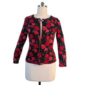 L-XL Black Red Rose Print Long Sleeve Open Front Cropped Jacket
